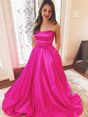 Strapless Fuchsia Satin Long Prom Dresses with Pocket, Hot Pink Long Formal Evening Dresses