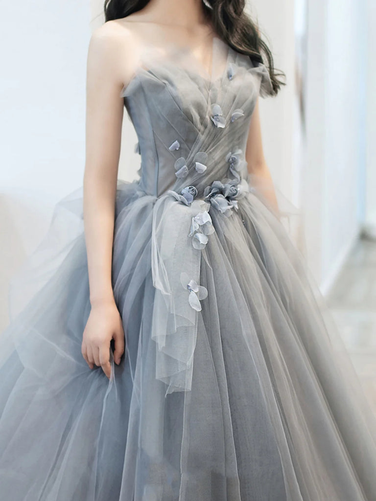 grey strapless prom dress Gray Tulle Lace Long Prom Dress, A-Line Strapless Evening Party Dress
