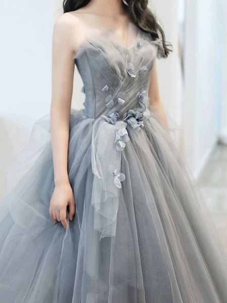 Strapless Gray Tulle Floral Long Prom Dresses, Strapless Gray Formal Evening Dresses, Grey Ball Gown SP2677