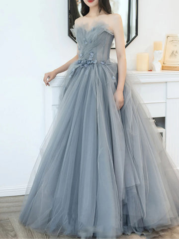 Strapless Gray Tulle Floral Long Prom Dresses, Strapless Gray Formal Evening Dresses, Grey Ball Gown SP2677