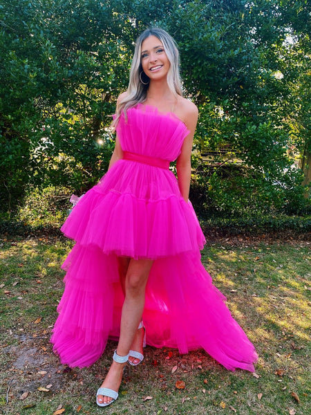 Strapless High Low Hot Pink Tulle Long Prom Dresses, Hot Pink Formal Graduation Evening Dresses SP2520Strapless High Low Hot Pink Tulle Long Prom Dresses, Hot Pink Formal Graduation Evening Dresses SP2520