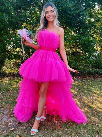 Strapless High Low Hot Pink Tulle Long Prom Dresses, Hot Pink Formal Graduation Evening Dresses SP2520