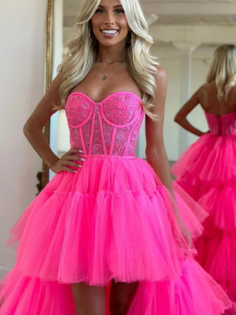 Strapless Layered High Low Hot Pink Tulle Lace Long Prom Dresses