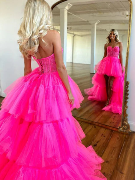 Strapless Layered High Low Hot Pink Tulle Lace Long Prom Dresses, Hot Pink Lace Formal Evening Dresses, High Low Ball Gown SP2594