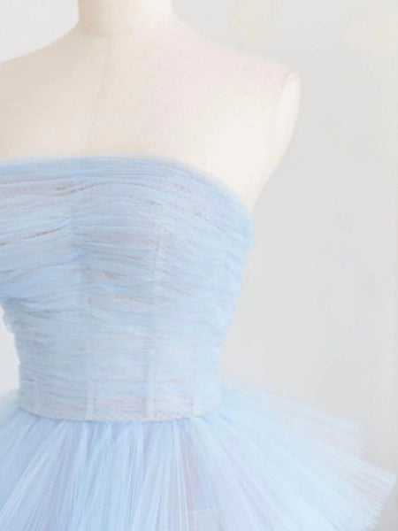 Strapless Layered Light Blue Tulle Long Prom Dresses, Gorgeous Light Blue Formal Evening Dresses, Tulle Ball Gown SP2559
