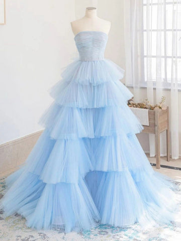 Strapless Layered Light Blue Tulle Long Prom Dresses, Gorgeous Light Blue Formal Evening Dresses, Tulle Ball Gown SP2559