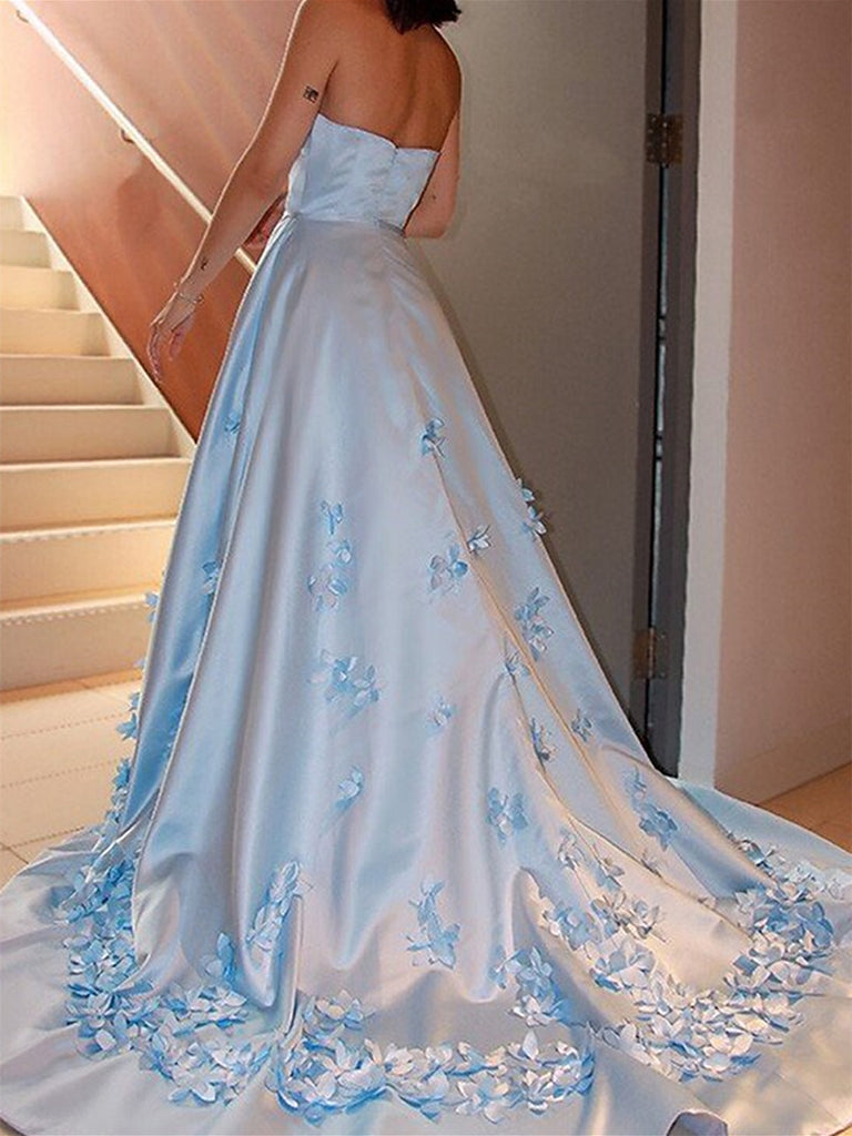 Strapless Light Blue Satin Floral Long Prom Dresses, Light Blue Formal Shiny Party Strapless Light Blue Satin Floral Long Prom Dresses, Light Blue Formal Shiny Party