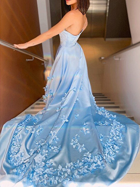Strapless Light Blue Satin Floral Long Prom Dresses, Light Blue Formal Dresses with 3D Flowers, Light Blue Evening Dresses SP2190