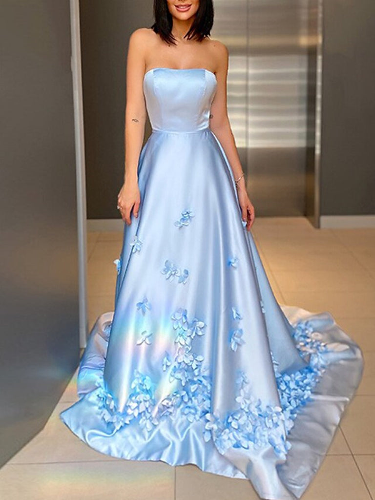 Strapless Light Blue Satin Floral Long Prom Dresses, Light Blue Formal Shiny Party Strapless Light Blue Satin Floral Long Prom Dresses, Light Blue Formal Shiny Party