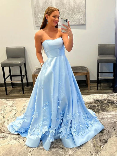 Strapless Light Blue Satin Long Prom Dresses with 3D Flowers, Long Light Blue Floral Formal Graduation Evening Dresses SP2365