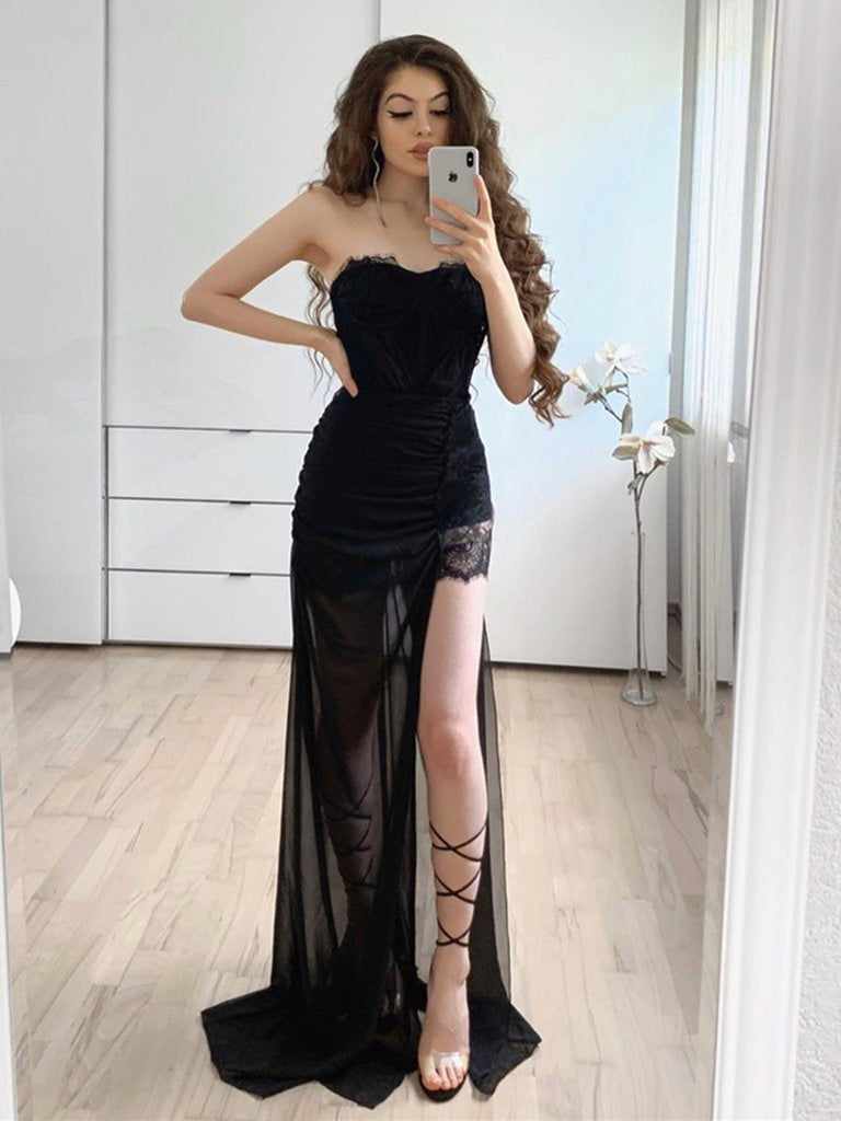 Strapless Long Black Lace Prom Dresses with High Slit, Black Lace Form