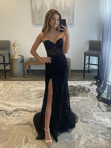 Strapless Mermaid Beaded Black Lace Long Prom Dresses, Mermaid Black Formal Dresses, Black Lace Evening Dresses SP2505