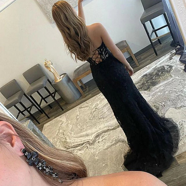 Strapless Mermaid Beaded Black Lace Long Prom Dresses, Mermaid Black Formal Dresses, Black Lace Evening Dresses SP2505