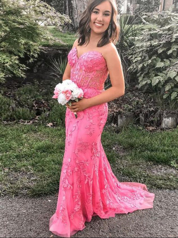 Strapless Mermaid Hot Pink Lace Floral Long Prom Dresses, Mermaid Hot Pink Formal Dresses, Hot Pink Lace Evening Dresses SP2115