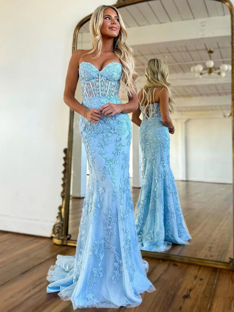Strapless Mermaid Light Blue Lace Long Prom Dresses, Light Blue Lace F