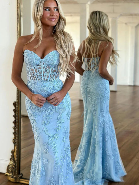 Strapless Mermaid Light Blue Lace Long Prom Dresses, Light Blue Lace Formal Graduation Evening Dresses SP2577
