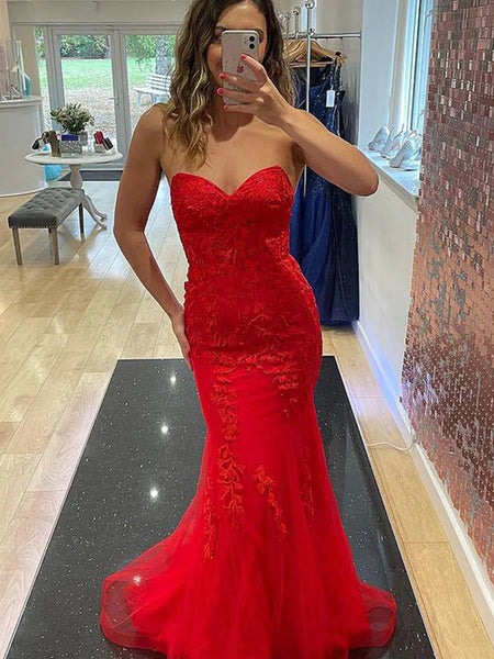 Strapless Mermaid Red Lace Long Prom Dresses, Mermaid Red Formal Dresses, Red Lace Evening Dresses SP2504