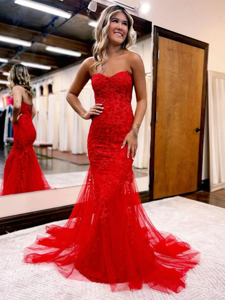 Strapless Mermaid Red Lace Long Prom Dresses, Mermaid Red Formal Dresses, Red Lace Evening Dresses SP2592