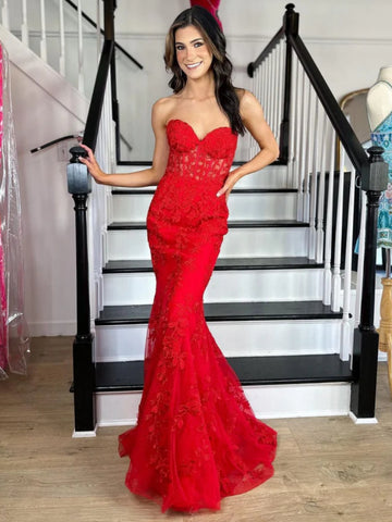 Strapless Mermaid Red Lace Long Prom Dresses, Red Lace Formal Dresses, Mermaid Red Evening Dresses SP2604