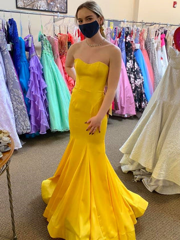 Strapless Mermaid Yellow Satin Long Prom Dresses, Mermaid Yellow Formal Graduation Evening Dresses SP2381