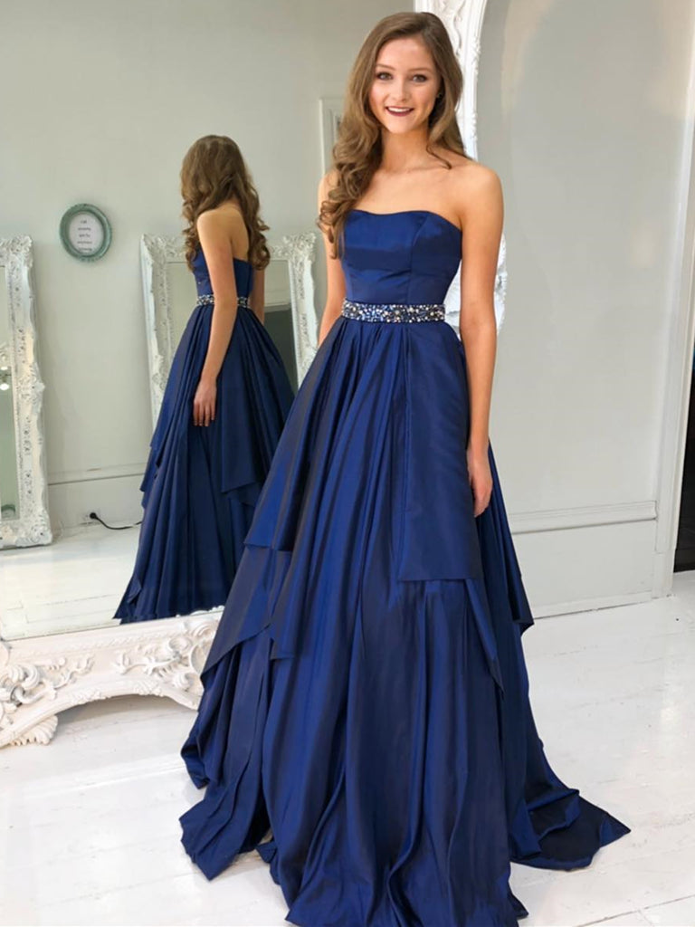 Strapless Navy Blue Satin Layered Long Prom Dresses with Belt, Navy Blue Formal Graduation Evening Dresses SP2215