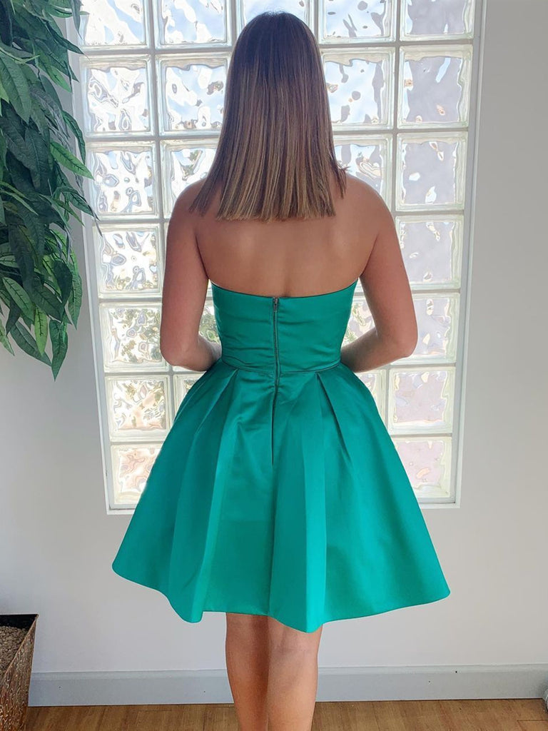 Strapless Open Back Green Short Prom Dresses with Pocket, Open Back Gr Shiny Party Strapless Open Back Green Short Prom Dresses with Pocket, Open Back Gr Shiny Party