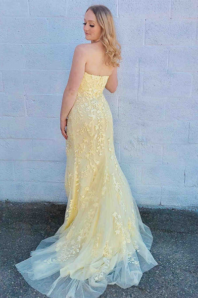 Strapless Open Back Yellow Tulle Lace Long Prom Dresses, Yellow Lace Formal Graduation Evening Dresses with High Slit SP2263
