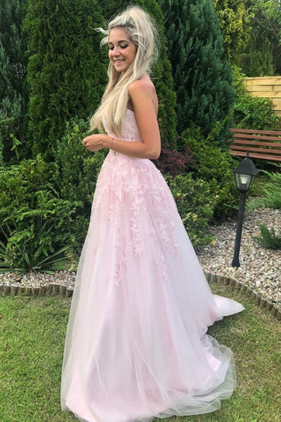 Strapless Pink Tulle Lace Long Prom Dresses, Pink Lace Formal Graduation Evening Dresses SP2299