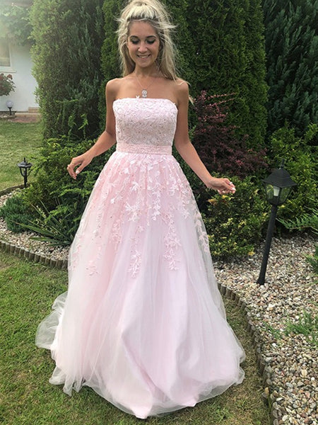 Strapless Pink Tulle Lace Long Prom Dresses, Pink Lace Formal Graduation Evening Dresses SP2299
