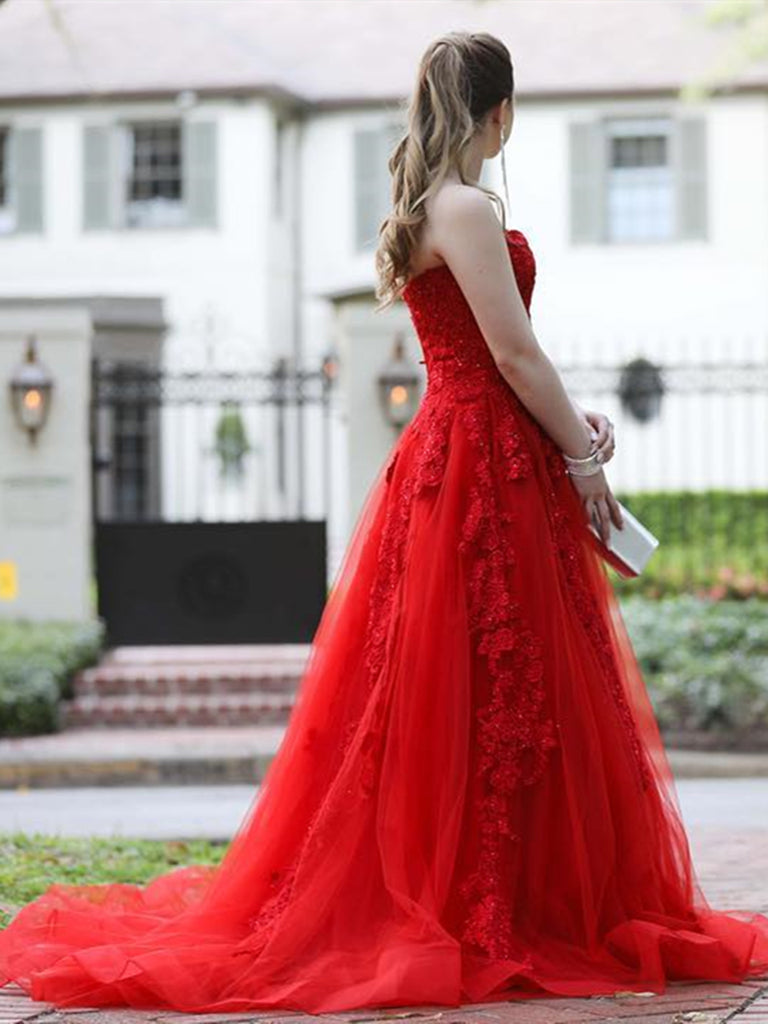Strapless Red Lace Long Prom Dresses with Train, Red Lace Formal Dress Shiny Party Strapless Red Lace Long Prom Dresses with Train, Red Lace Formal Dress Shiny Party