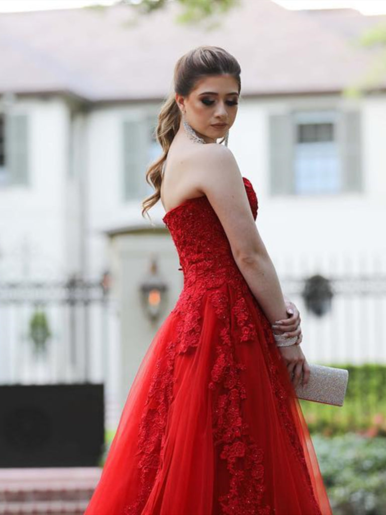 Strapless Red Lace Long Prom Dresses with Train, Red Lace Formal Dress Shiny Party Strapless Red Lace Long Prom Dresses with Train, Red Lace Formal Dress Shiny Party