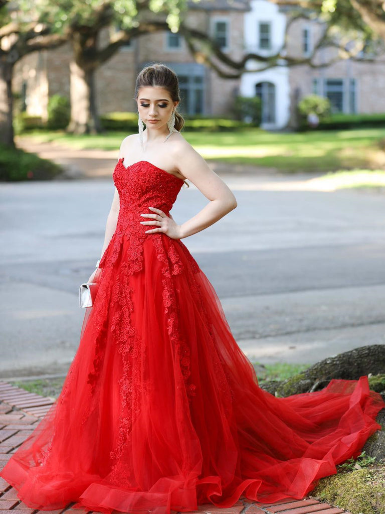 Strapless Red Lace Long Prom Dresses with Train, Red Lace Formal Dress Shiny Party Strapless Red Lace Long Prom Dresses with Train, Red Lace Formal Dress Shiny Party