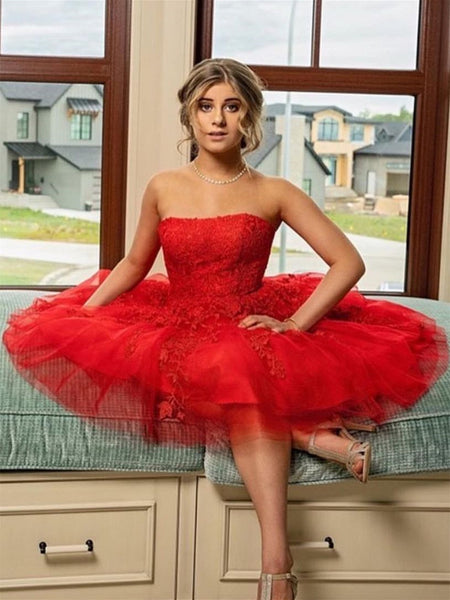 Strapless Red Lace Short Prom Dresses with Belt, Red Lace Homecoming Dresses, Short Red Formal Graduation Evening Dresses SP2408