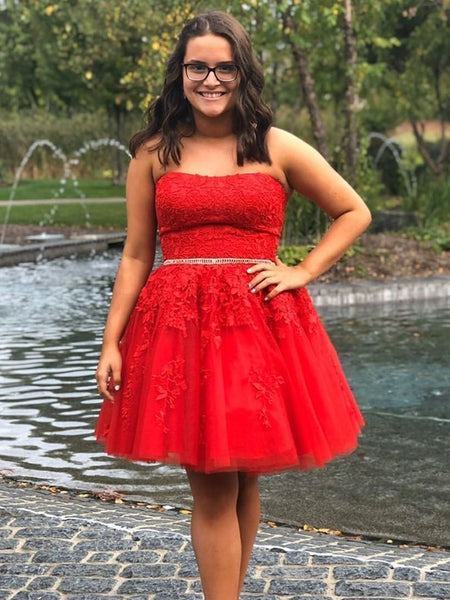 Strapless Red Lace Short Prom Dresses with Belt, Red Lace Homecoming Dresses, Short Red Formal Graduation Evening Dresses SP2408