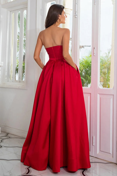 Strapless Red Satin Long Prom Dresses with High Slit, Long Red Formal Graduation Evening Dresses SP2427