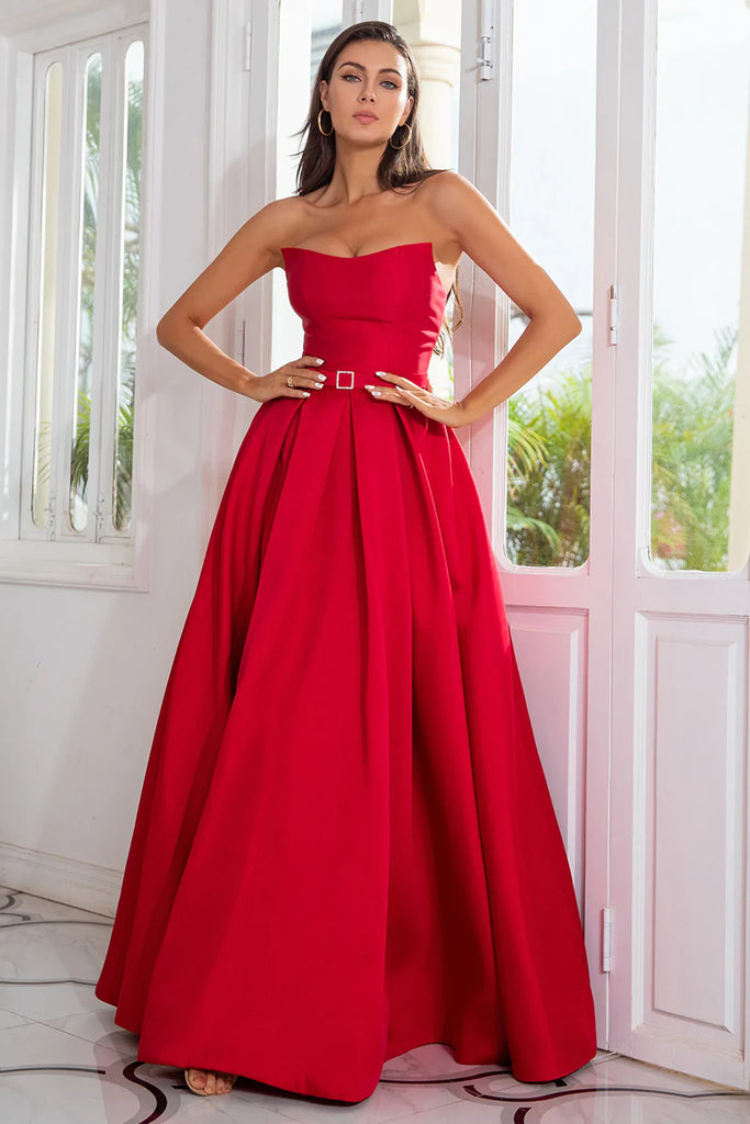 Strapless Red Satin Long Prom Dresses with High Slit, Long Red Formal