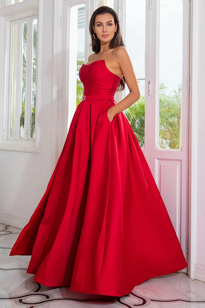 Strapless Red Satin Long Prom Dresses with High Slit, Long Red Formal