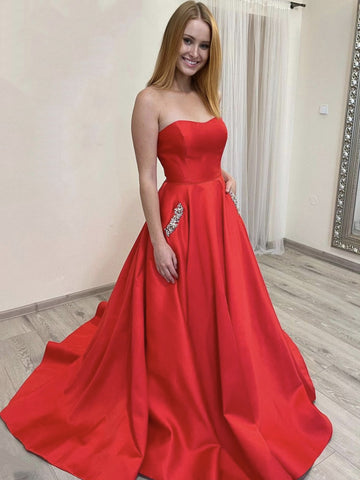 Strapless Red Satin Long Prom Dresses with Pocket, Long Red Formal Graduation Evening Dresses SP2108