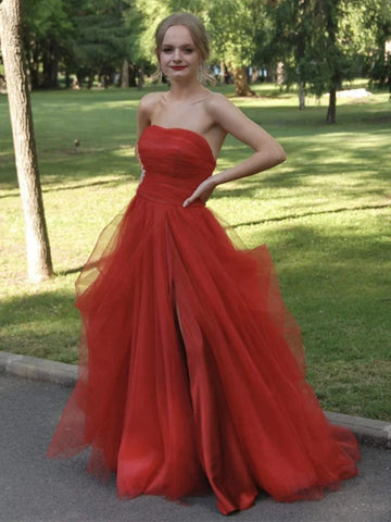 Strapless Red Tulle Long Prom Dresses with High Slit, Strapless Red Formal Graduation Evening Dresses SP2578