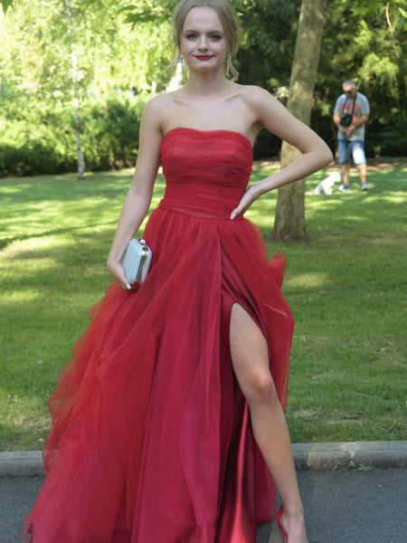 Strapless Red Tulle Long Prom Dresses with High Slit, Strapless Red Formal Graduation Evening Dresses SP2578