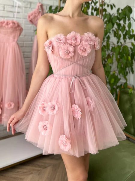 Strapless Short Pink Tulle Prom Dresses with 3D Flowers, Pink Floral Homecoming Dresses, Short Pink Formal Evening Dresses SP2497