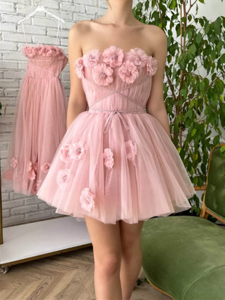 Strapless Short Pink Tulle Prom Dresses with 3D Flowers, Pink Floral H Shiny Party Strapless Short Pink Tulle Prom Dresses with 3D Flowers, Pink Floral H Shiny Party