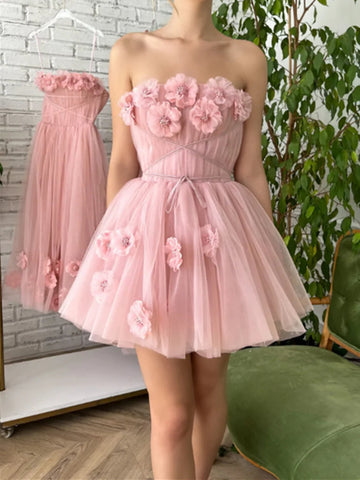 Strapless Short Pink Tulle Prom Dresses with 3D Flowers, Pink Floral Homecoming Dresses, Short Pink Formal Evening Dresses SP2497
