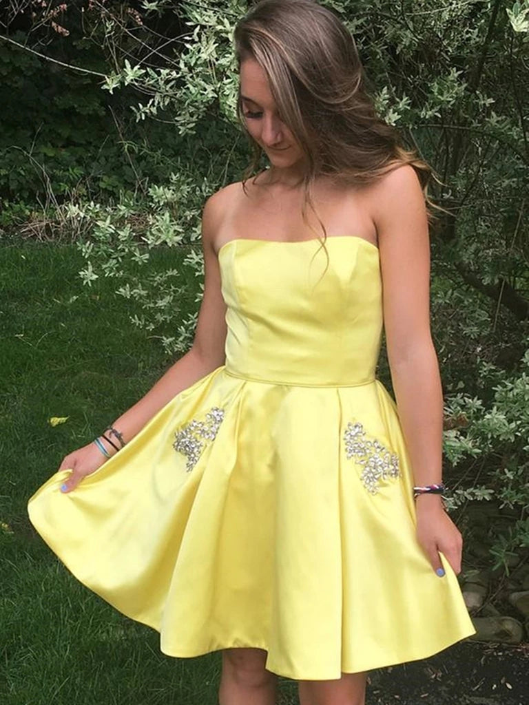 Strapless Short Yellow Prom Dresses with Pockets, Yellow Formal Gradua Shiny Party Strapless Short Yellow Prom Dresses with Pockets, Yellow Formal Gradua Shiny Party