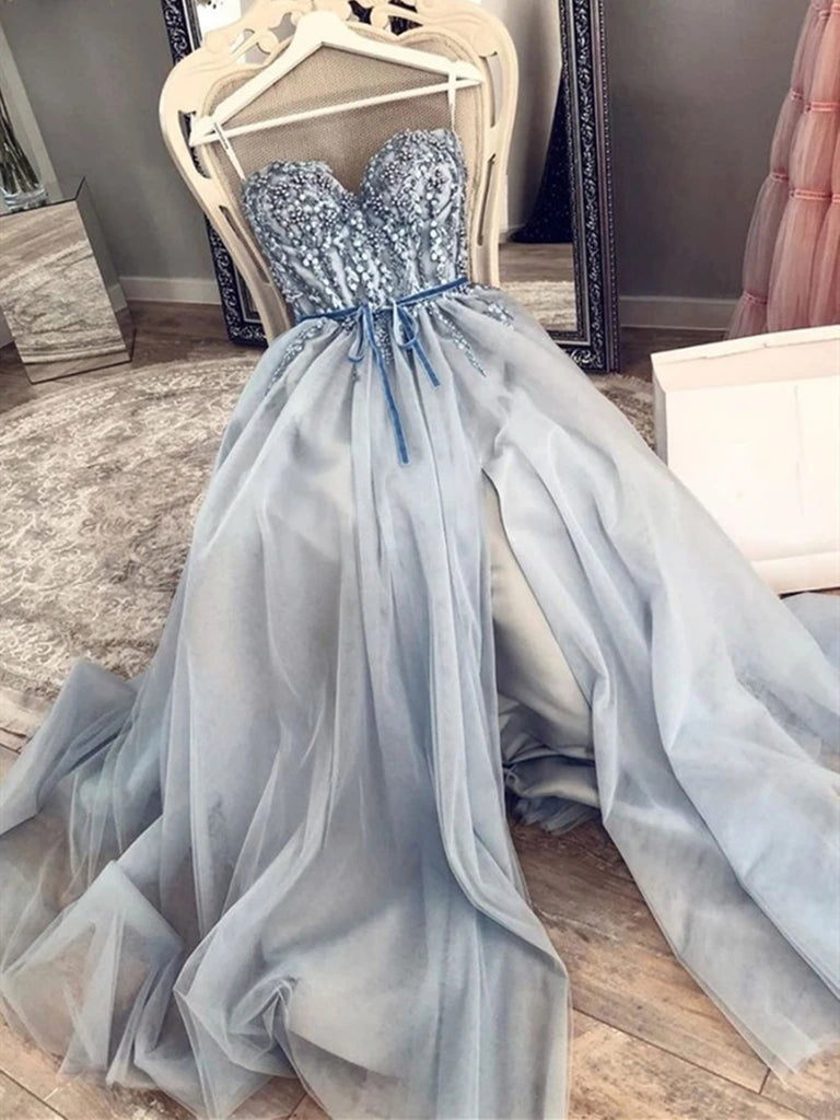 Open Back Strapless Beaded High Low Blue Tulle Long Prom Dresses, Ligh –  Shiny Party