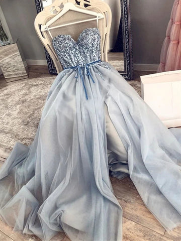 Strapless Sweetheart Neck Beaded Blue Long Prom Dresses with High Slit, Blue Formal Dresses, Evening Dresses
