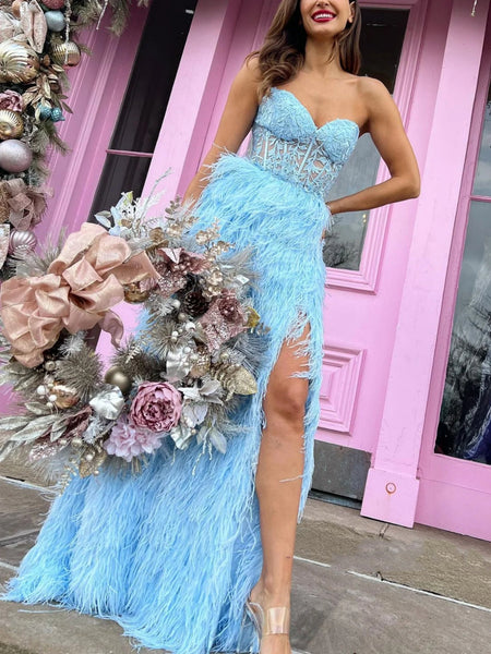 Strapless Sweetheart Neck Blue Lace Feather Long Prom Dresses with High Slit, Blue Lace Formal Dresses, Blue Evening Dresses SP2642