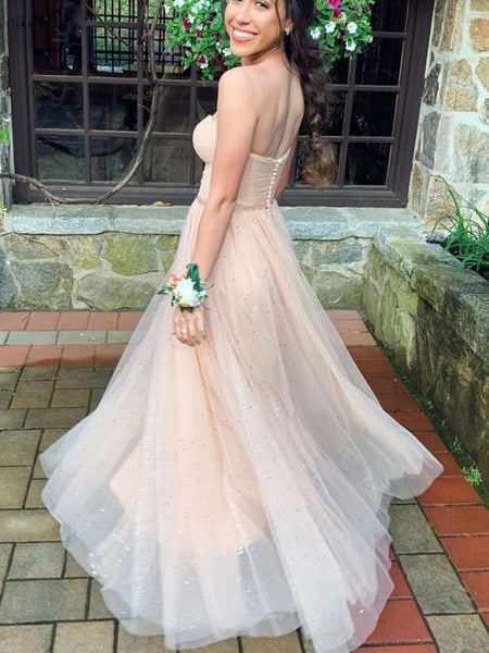 Strapless Sweetheart Neck Champagne Tulle Long Prom Dresses, Long Champagne Formal Graduation Evening Dresses SP2667