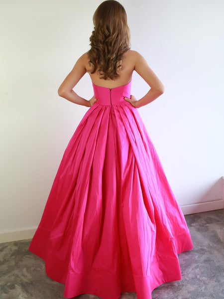Strapless Sweetheart Neck Hot Pink Long Prom Dresses, Hot Pink Satin Long Formal Evening Dresses