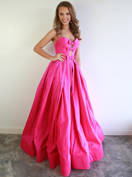 Strapless Sweetheart Neck Hot Pink Long Prom Dresses, Hot Pink Satin Long Formal Evening Dresses